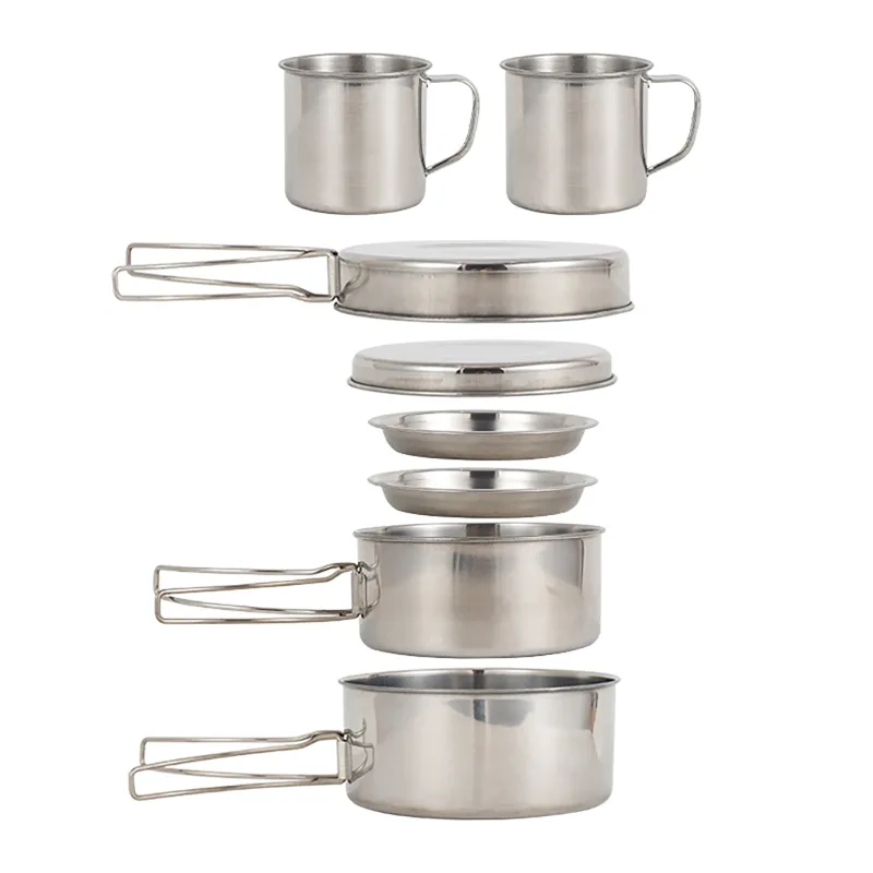 Paella Pan Steel - ชุดเครื่องครัวแคมป์ปิ้ง 8 ชิ้น/ชุด ทำจากสแตนเลส ประกอบด้วยหม้อและกระทะ พร้อมจานและแก้ว