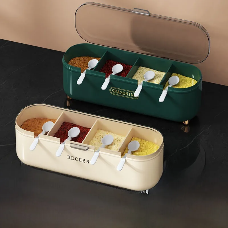 Home Cooking Set - ชุดกล่องเครื่องปรุงครัวแบบหลายช่อง กล่องเก็บเกลือและเครื่องปรุงรสแบบรวม 4 ช่อง กล่องเก็บของใช้ในบ้าน อุปกรณ์ทำอาหาร