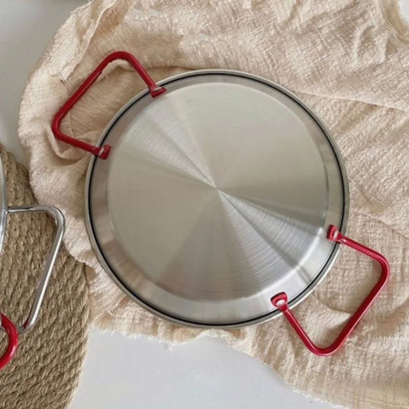 Paella Pan Steel - หม้อข้าวทะเลสเตนเลสหนาพิเศษ ป้องกันการลวก พร้อมหูจับคู่ สำหรับทำปาเอลลา ทอดไก่ และของว่าง